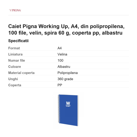 Caiet Pigna Working Up, A4, din polipropilena, 100 file, velin, spira 60 g, coperta pp, albastru [2]
