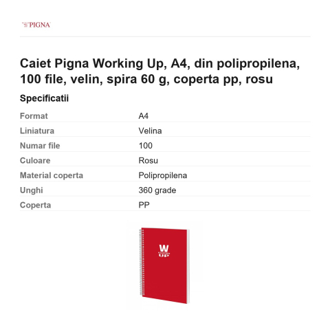 Caiet Pigna Working Up, A4, din polipropilena, 100 file, velin, spira 60 g, coperta pp, rosu [2]