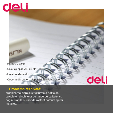Caiet spira A4 Deli, 60 file dictando, hartie 70 g/mp, coperta carton, pentru birou si studiu [1]