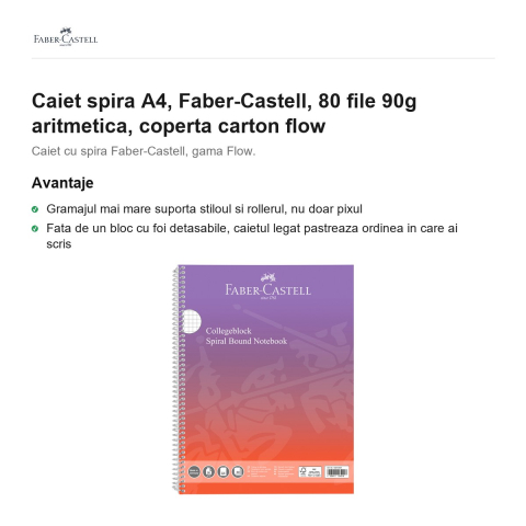 Caiet spira A4, Faber-Castell, 80 file 90g aritmetica, coperta carton flow [1]