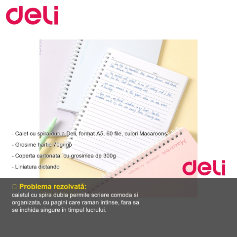 Caiet spira dubla Deli Macarons, format A5, 60 file dictando, coperta cartonata, pentru birou si studiu [1]