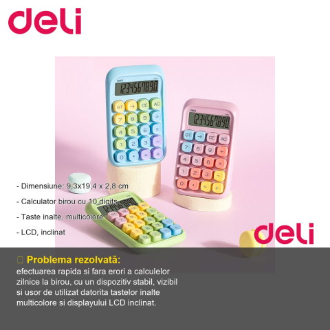 Calculator de birou Deli, 10 cifre, taste multicolore, display LCD inclinat, verde [1]