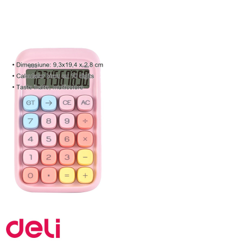 Calculator de birou Deli, 10 digits, taste multicolore roz, display LCD inclinat, pentru birou si scoala [2]