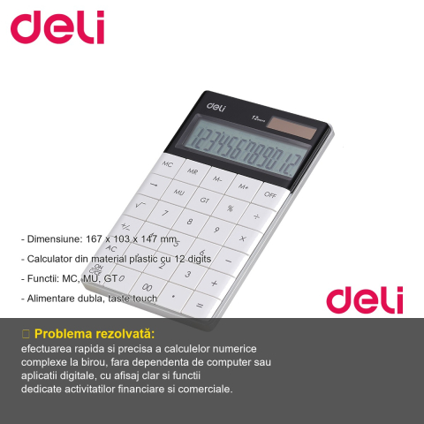Calculator de birou Deli, 12 cifre, ecran LCD, alimentare dubla, taste touch, design modern alb [1]
