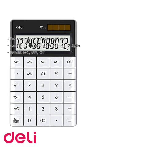 Calculator de birou Deli, 12 cifre, ecran LCD, alimentare dubla, taste touch, design modern alb [2]