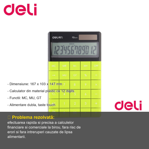 Calculator de birou Deli, 12 cifre, taste touch, alimentare dubla, verde, pentru birou si scoala [1]