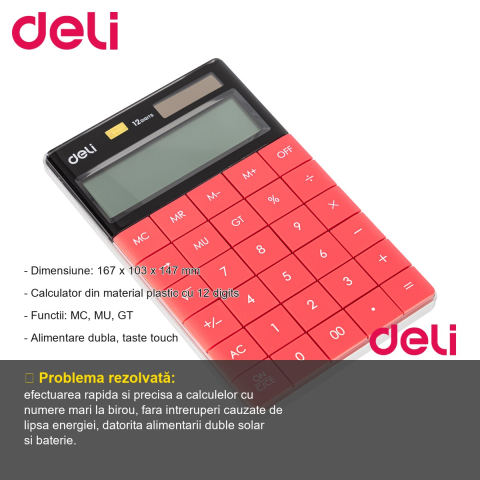 Calculator de birou Deli, 12 digits, display LCD, alimentare dubla, rosu, pentru uz profesional [1]