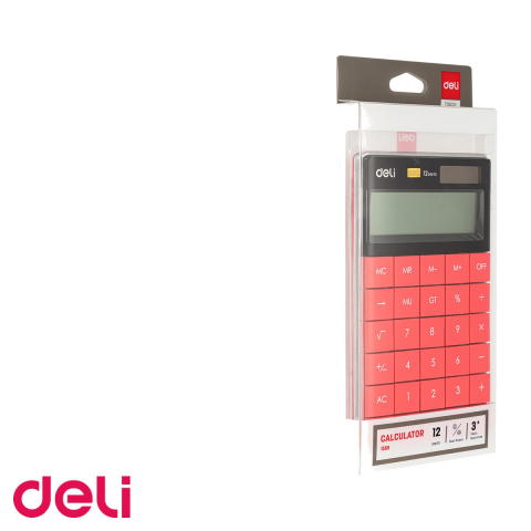 Calculator de birou Deli, 12 digits, display LCD, alimentare dubla, rosu, pentru uz profesional [4]