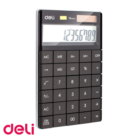 Calculator de birou Deli, 12 digits, display LCD, alimentare dubla, taste touch, design modern negru [3]