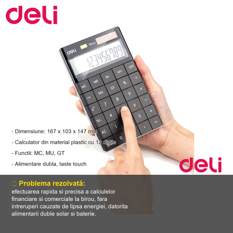 Calculator de birou Deli, 12 digits, display LCD, alimentare dubla, taste touch, design modern negru [1]