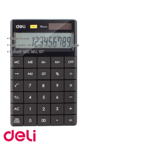 Calculator de birou Deli, 12 digits, display LCD, alimentare dubla, taste touch, design modern negru [2]
