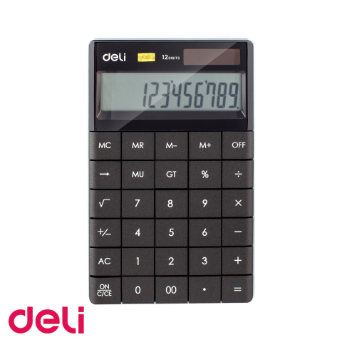 Calculatoare numerice - Calculator de birou Deli, 12 digits, display LCD, alimentare dubla, taste touch, design modern negru