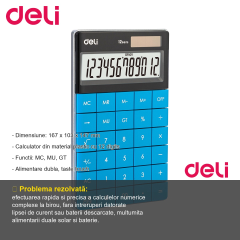 Calculator de birou Deli, 12 digits, ecran LCD, alimentare dubla, taste touch, albastru [1]