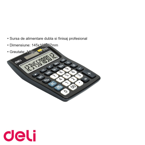Calculator de birou Deli 1238, 12 cifre, alimentare dubla, pentru calcule fiscale si profesionale [2]