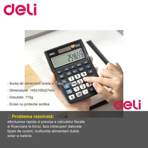 Calculator de birou Deli 1238, 12 cifre, alimentare dubla, pentru calcule fiscale si profesionale [1]