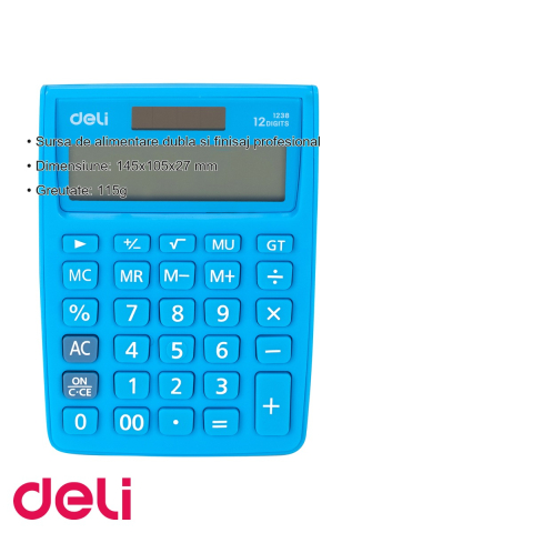 Calculator de birou Deli 1238, 12 cifre, alimentare dubla, pentru calcule fiscale si uz profesional [2]
