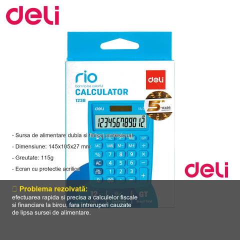 Calculator de birou Deli 1238, 12 cifre, alimentare dubla, pentru calcule fiscale si uz profesional [1]