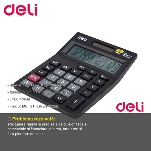 Calculator de birou Deli 1519A, 12 digits, display LCD inclinat, functii fiscale si GT, pentru birou [1]