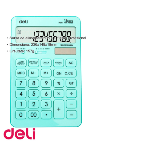 Calculator de birou Deli 1531 cu 12 cifre, afisaj LCD reglabil, bleu pastel, pentru calcule fiscale [2]