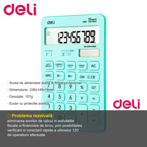 Calculator de birou Deli 1531 cu 12 cifre, afisaj LCD reglabil, bleu pastel, pentru calcule fiscale [1]