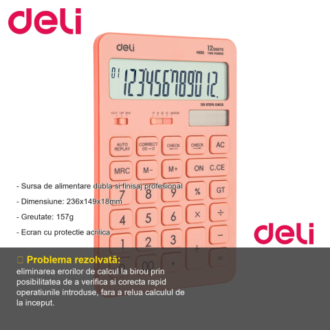 Calculator de birou Deli 1541, 12 cifre, roz pastel, pentru calcule fiscale si de birou [1]