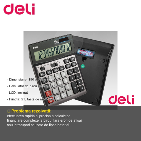 Calculator de birou Deli 1654, display LCD 12 cifre, carcasa metalica, pentru birou si contabilitate [1]