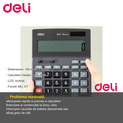 Calculator de birou Deli 1671, 12 cifre, carcasa metalica, taste touch, pentru uz profesional [1]