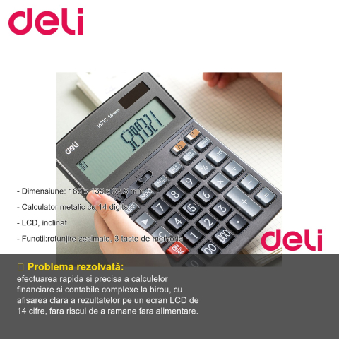 Calculator de birou Deli 1671C, 14 digits, ecran LCD inclinat, alimentare dubla, carcasa metalica [1]