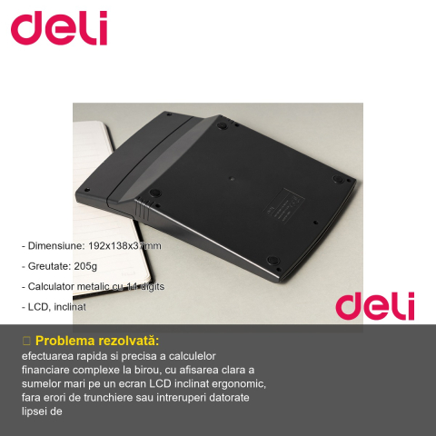 Calculator de birou Deli 39229, 14 digits, carcasa metalica, ecran LCD inclinat, pentru birou si contabilitate [1]