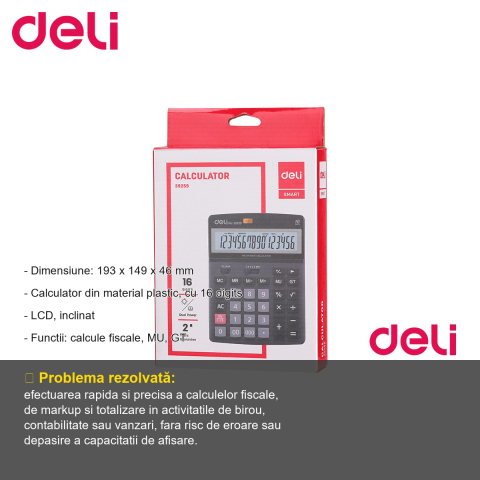 Calculator de birou Deli 39259, 16 digits, display LCD inclinat, pentru calcule fiscale [1]