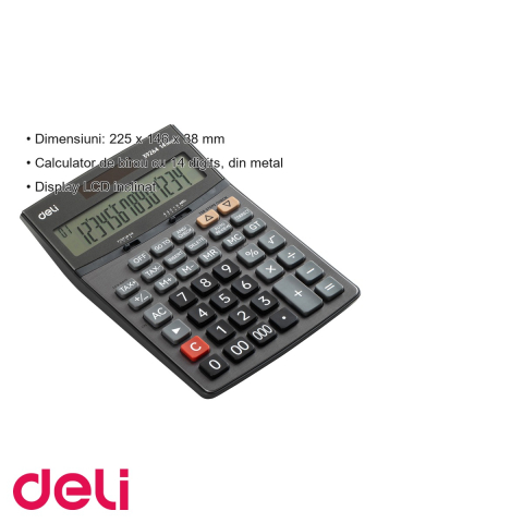 Calculator de birou Deli 39264, 14 digits, carcasa metal, display LCD inclinat, alimentare dubla [2]