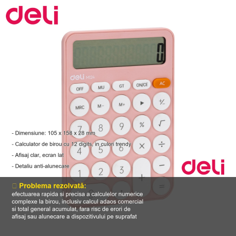 Calculator de birou Deli EM124, 12 digits, design fashion roz, pentru uz zilnic la birou [1]