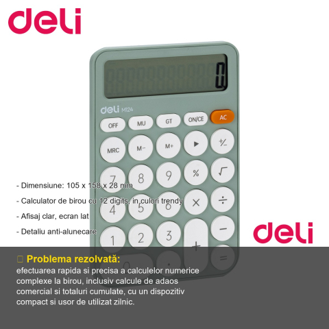 Calculator de birou Deli EM124, 12 digits, design fashion vernil, pentru birou si acasa [1]