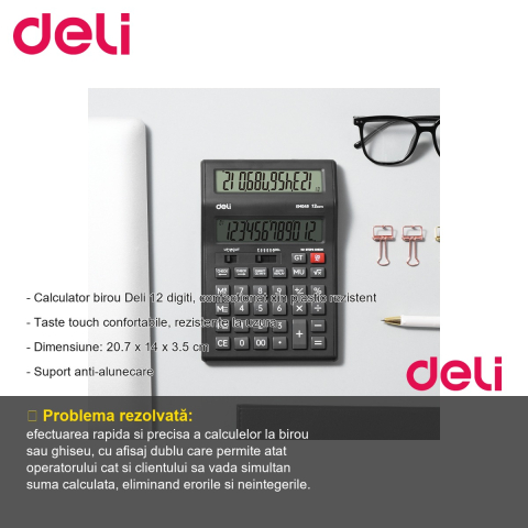 Calculator de birou Deli M049, afisaj LCD dublu 12 digiti, pentru birou si punct de vanzare [1]