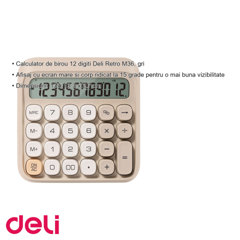 Calculator de birou Deli Retro M36, 12 digiti, design retro, gri, pentru birou si acasa [2]