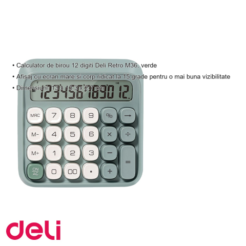 Calculator de birou Deli Retro M36, 12 digiti, design retro verde, pentru birou si acasa [2]