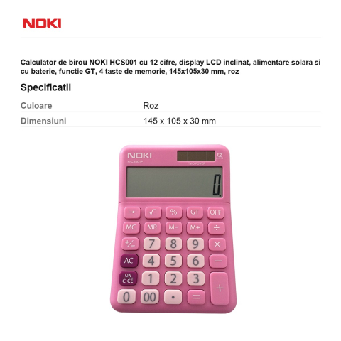 Calculator de birou NOKI HCS001 cu 12 cifre, display LCD inclinat, alimentare solara si cu baterie, functie GT, 4 taste de memorie, 145x105x30 mm, roz [2]