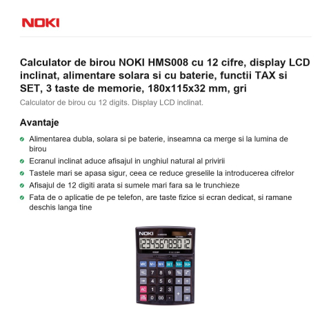 Calculator de birou NOKI HMS008 cu 12 cifre, display LCD inclinat, alimentare solara si cu baterie, functii TAX si SET, 3 taste de memorie, 180x115x32 mm, gri [1]