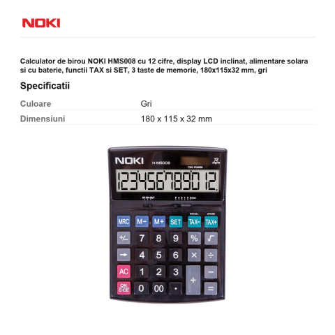 Calculator de birou NOKI HMS008 cu 12 cifre, display LCD inclinat, alimentare solara si cu baterie, functii TAX si SET, 3 taste de memorie, 180x115x32 mm, gri [2]