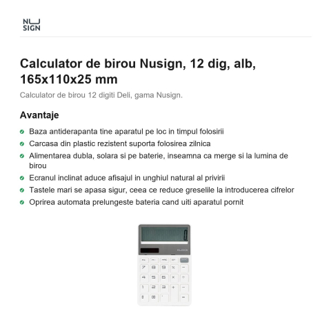 Calculator de birou Nusign, 12 dig, alb, 165x110x25 mm [1]