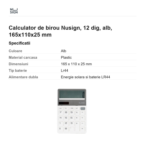 Calculator de birou Nusign, 12 dig, alb, 165x110x25 mm [2]