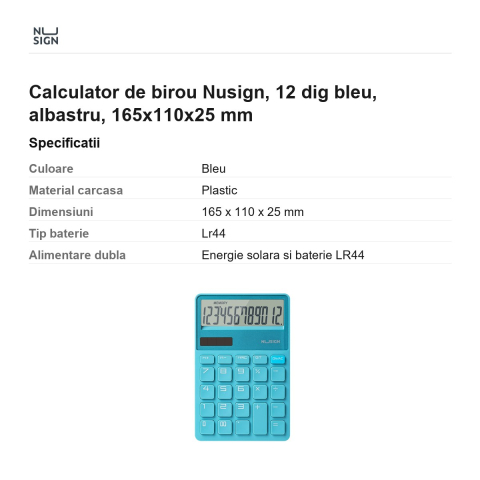 Calculator de birou Nusign, 12 dig bleu, albastru, 165x110x25 mm [2]