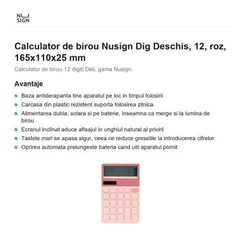 Calculator de birou Nusign Dig Deschis, 12, roz, 165x110x25 mm [1]