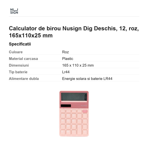 Calculator de birou Nusign Dig Deschis, 12, roz, 165x110x25 mm [2]