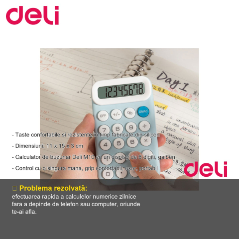Calculator de buzunar Deli M10, display 8 digiti, galben, control cu o singura mana, portabil [1]
