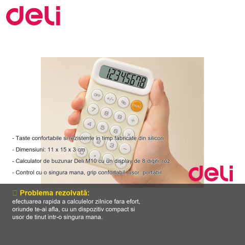Calculator de buzunar Deli M10, display 8 digiti, roz, control cu o singura mana, portabil [1]
