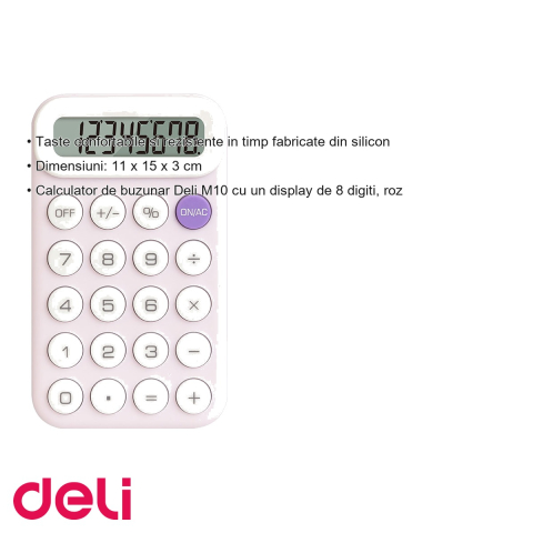 Calculator de buzunar Deli M10, display 8 digiti, roz, control cu o singura mana, portabil [2]