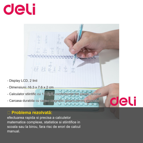 Calculator stiintific Deli, 240 functii, 12 digiti, plastic reciclat, pentru elevi si profesionisti [1]