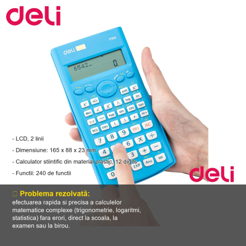 Calculator stiintific Deli 240 functii, afisaj LCD 2 linii, 12 digits, pentru elevi si studenti [1]