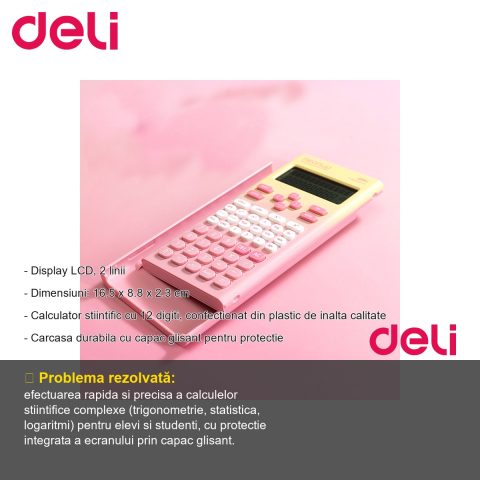 Calculator stiintific Deli 300 functii, 12 digiti, display LCD 2 linii, roz degrade, pentru elevi si studenti [1]